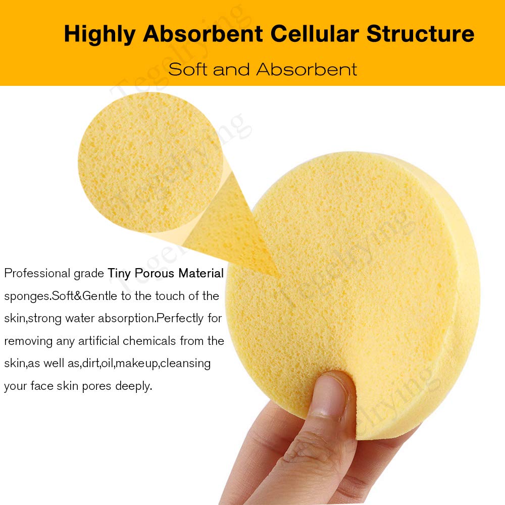 Tegelrying Facial Sponge Compressed,60 Pcs PVA Professional Makeup Removal Wash Round Face Sponges Spa Pads Exfoliating Cleansing for Women,Yellow