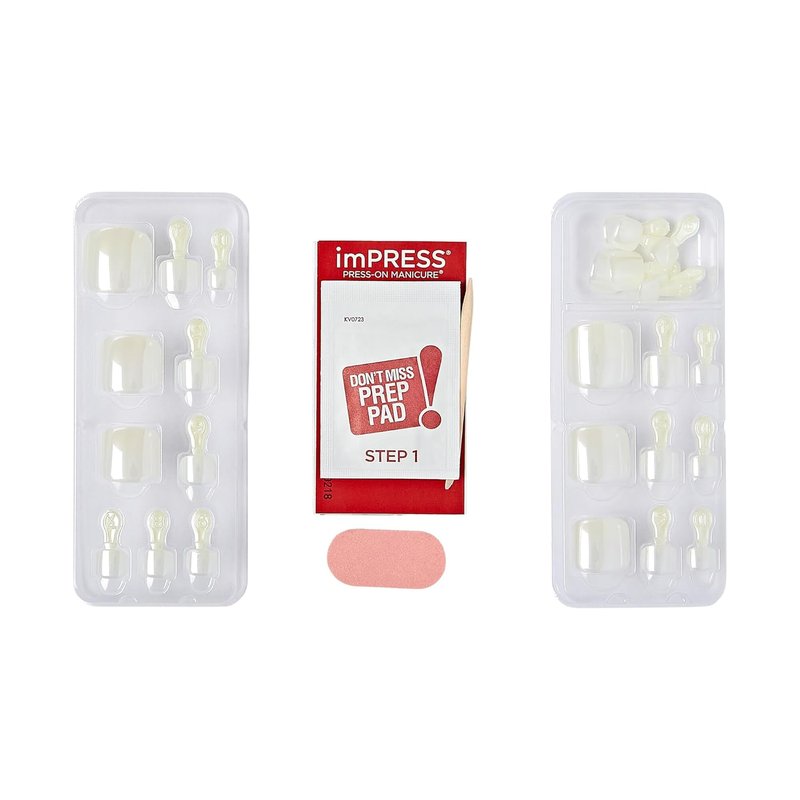 KISS imPRESS Premium No Glue Press-On Toenails - Sparkling White Pearl Squoval | 24 Nails, Prep Pad & Tools Included