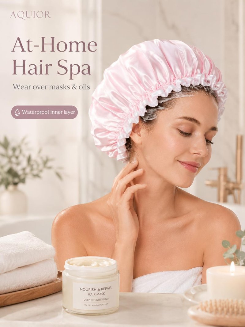Aquior Shower Cap for Women, Waterproof Reusable Hair Cap with Soft Elastic, Large Size for Long Hair, Cute Pink Bath Cap for Shower, Skincare, Cooking, Spa and Travel Use