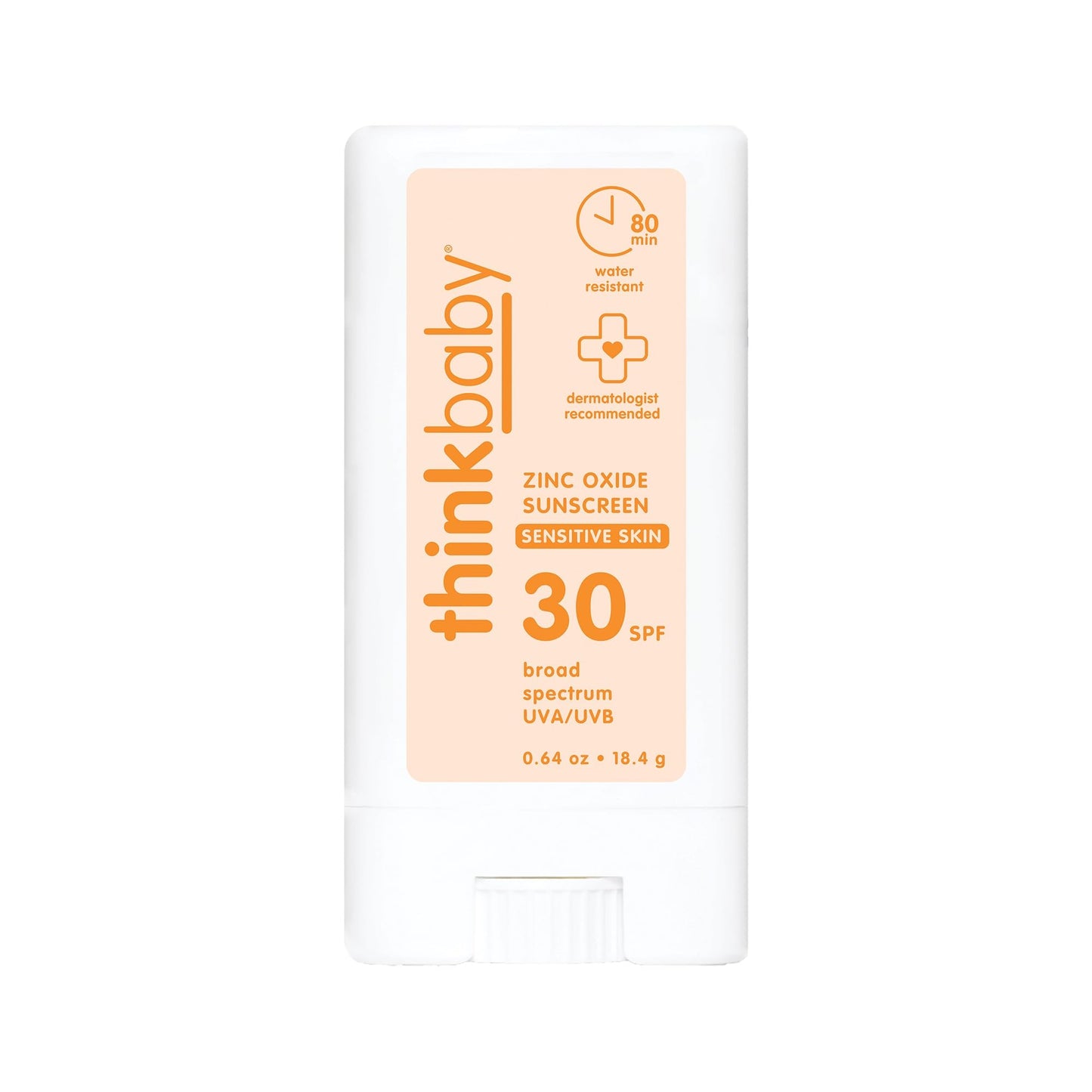 Thinkbaby SPF 30 Kids Sunscreen Stick for Sensitive Skin, 0.64 oz, Baby Sunscreen with Non-Nano Zinc Oxide 24%, Broad Spectrum UVA/UVB Protection, 80-Minute Water Resistant, Reef Friendly SPF Stick