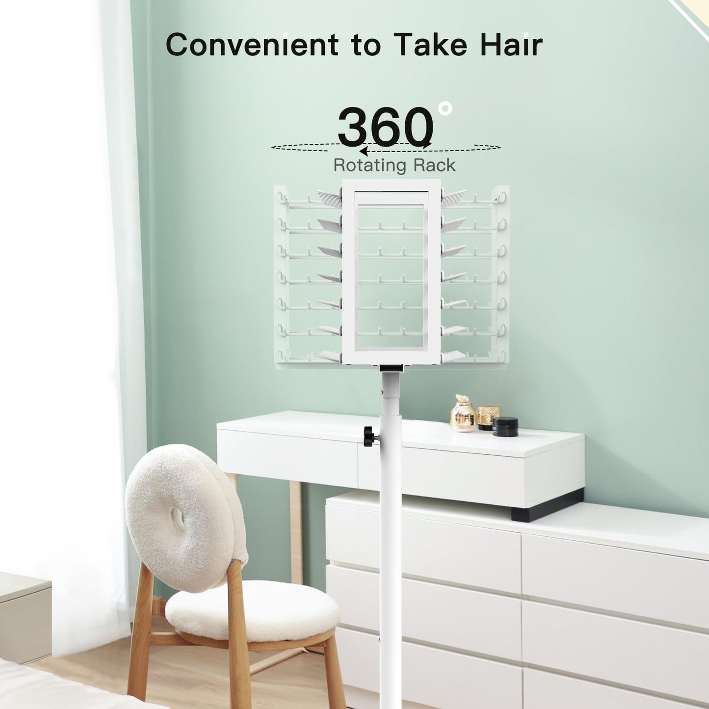 Yumkfoi Steel Braiding Hair Rack, Liftable and Rotating, Double Sided Braid Rack with Wheels and Storage Shelf, White Hair Separator Stand Hair Racks for Braiders Standing, Hairstylists (140 Pegs)