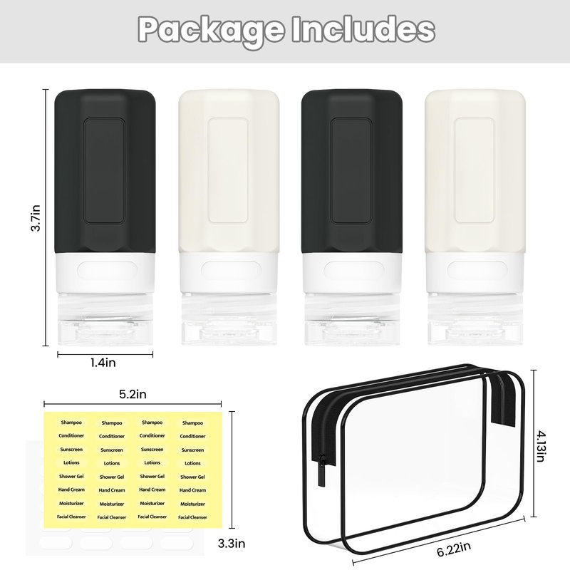 Ruinovate 2 oz Travel Bottles, Small Size Containers, TSA Approved Silicone Travel Toiletries Bottles, Shampoo and Conditioner Kit for Women (Black-white)