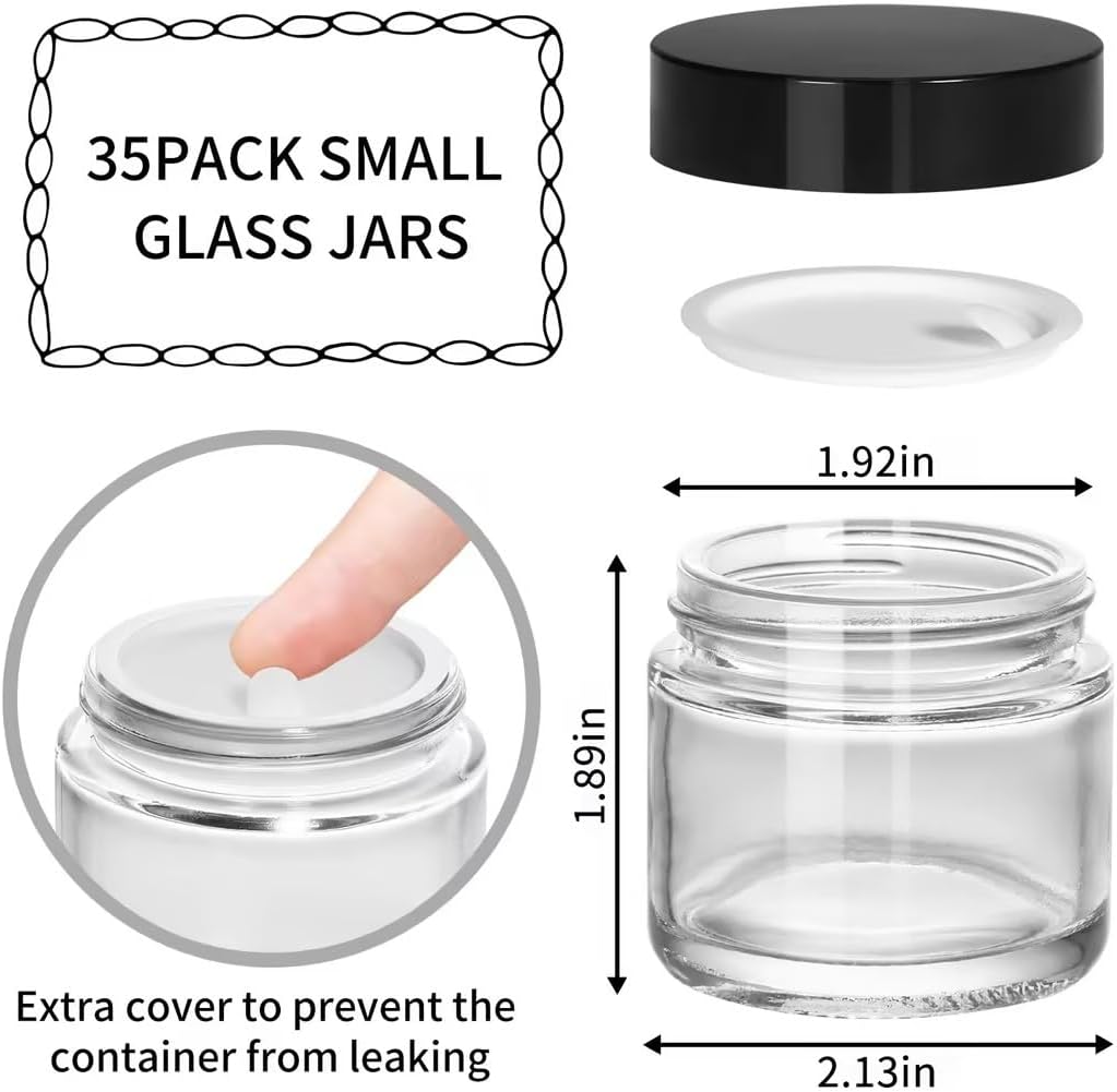 Small Glass Jars - 2oz Clear Round Cosmetic Jars with Black Lids | 35 Pack for Lotions, Powders, Ointments