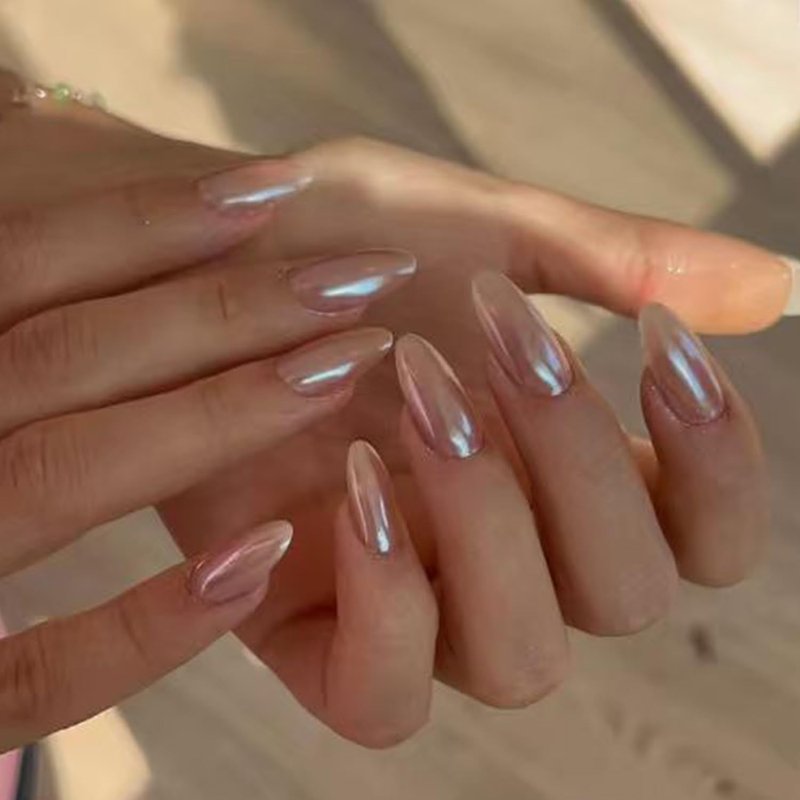 Chrome Pink Press-On Nails - Summer Pearl Short Almond Fake Nails | Reusable Nail Kit with Glue & Mini File, 32 Pcs in 16 Sizes