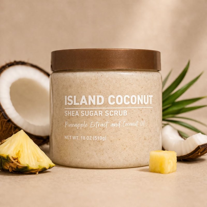 Island Coconut Body Scrub – Luxury Exfoliating Sugar Scrub for Soft, Glowing Skin – Hydrating Body Polish with Tropical Coconut Scent for Women, 18 oz