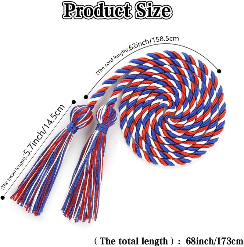 Graduation Cords | Red, Blue & White Honor Cords - 68 Inch Rayon Braided Tassels for 2026 Graduation