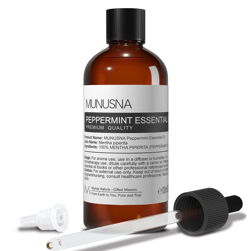 MUNUSNA Peppermint Essential Oil, 100% Pure & Natural Peppermint Oil 100ML, Premium Grade Aromatherapy Oil for Skin Body Hair Care, Freshening Air, Mood, Diffuser, Massage, Soap and Candle Making