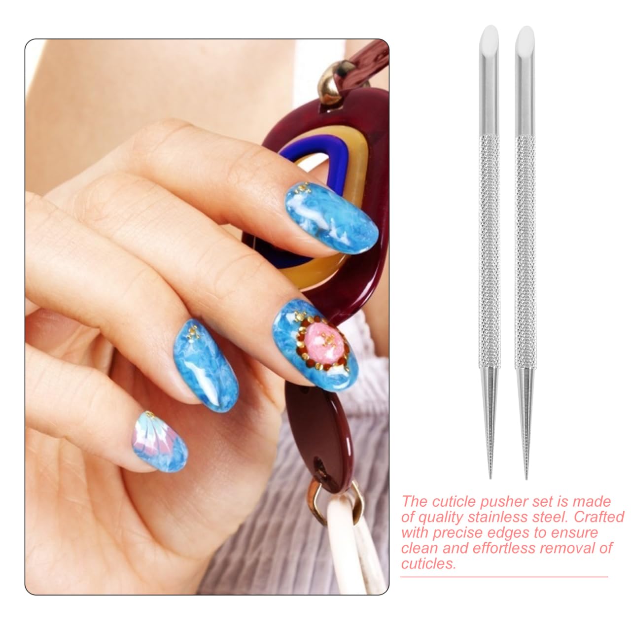TOVINANNA Cuticle Pusher Tool 2Pcs Stainless Steel Nail Polish Remover Manicure Tool with Ergonomic Non-Slip Handle for Precise Nail Cuticle Care, 4.76 Inch