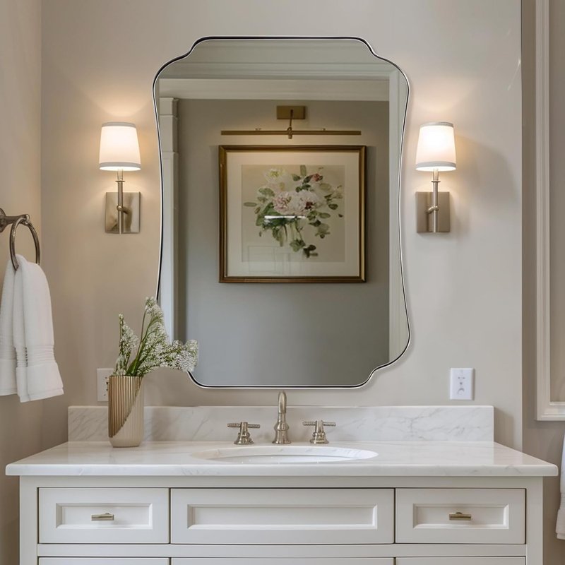 ANDY STAR Brushed Nickel Scalloped Bathroom Mirror - 26"x38" Metal Frame for Vanity & Entryway