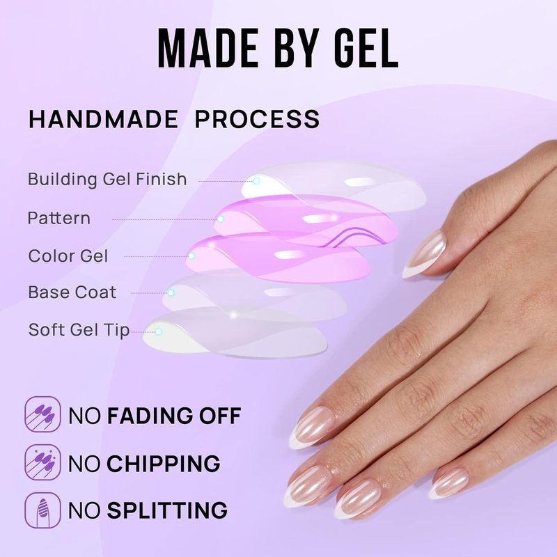 BTArtbox French Tip Press On Nails - Medium White Almond Reusable Stick On Nails | 30 Soft Gel Nail Kit in 15 Sizes for Women