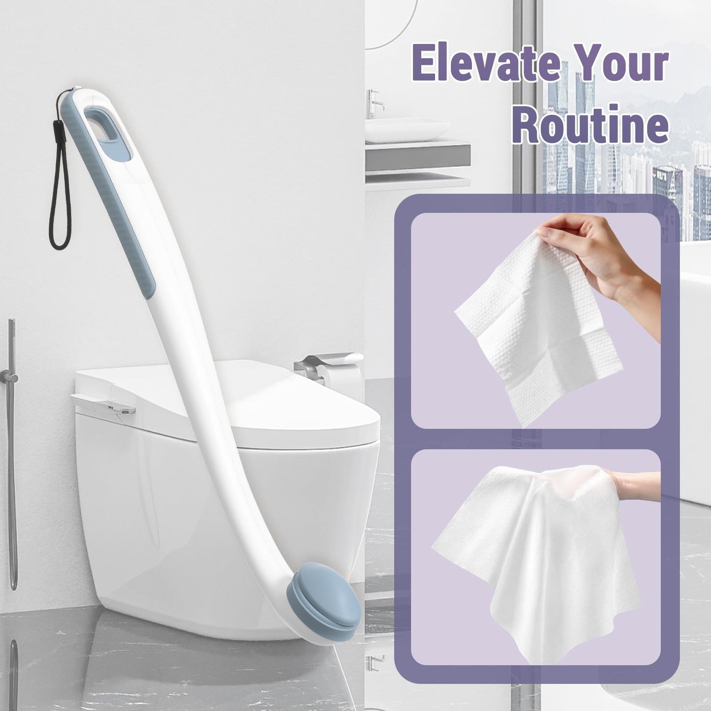 Chonario Toilet Aids for Wiping Bottom, 2-Pack - Long Reach Comfort Wipe with Replaceable Head & Strap - Bottom Buddy Wiping Aid for Elderly, Disabled & Post-Surgery