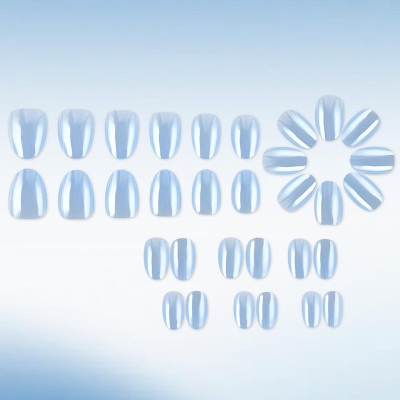 Skiennix Light Blue Press-On Nails - Short Oval Chrome Design | Reusable Full Cover 32 Pcs