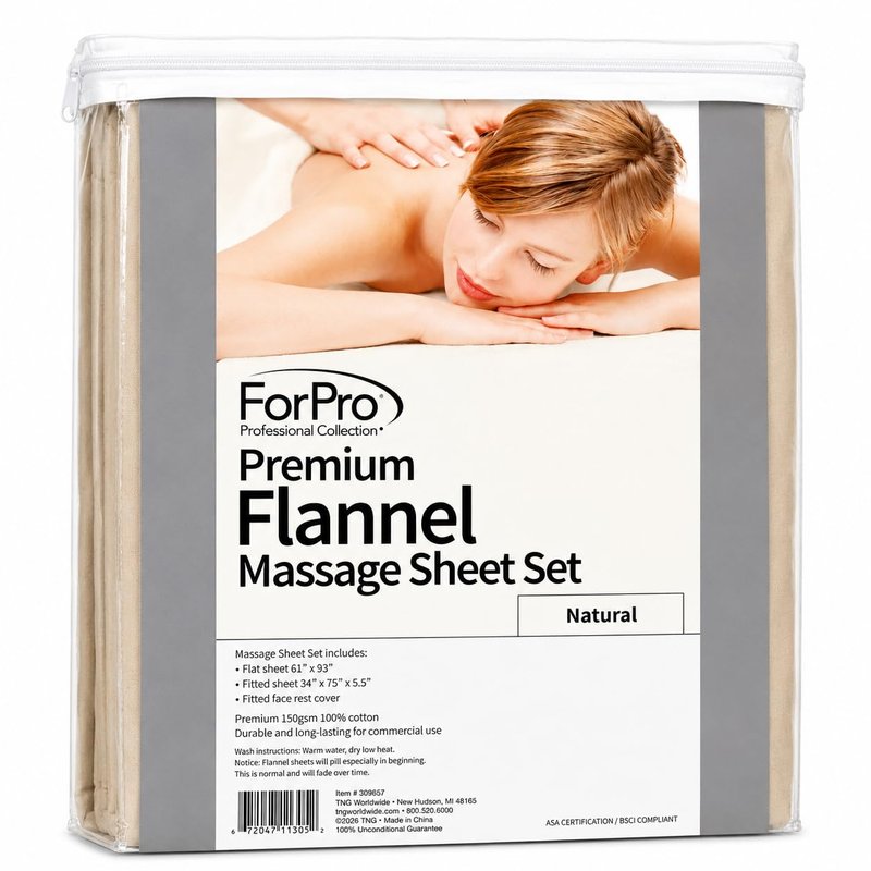 ForPro Premium Flannel 3-Piece Massage Sheet Set for Massage Tables, Includes Flat, Fitted Sheet, and Fitted Face Rest Cover, Natural