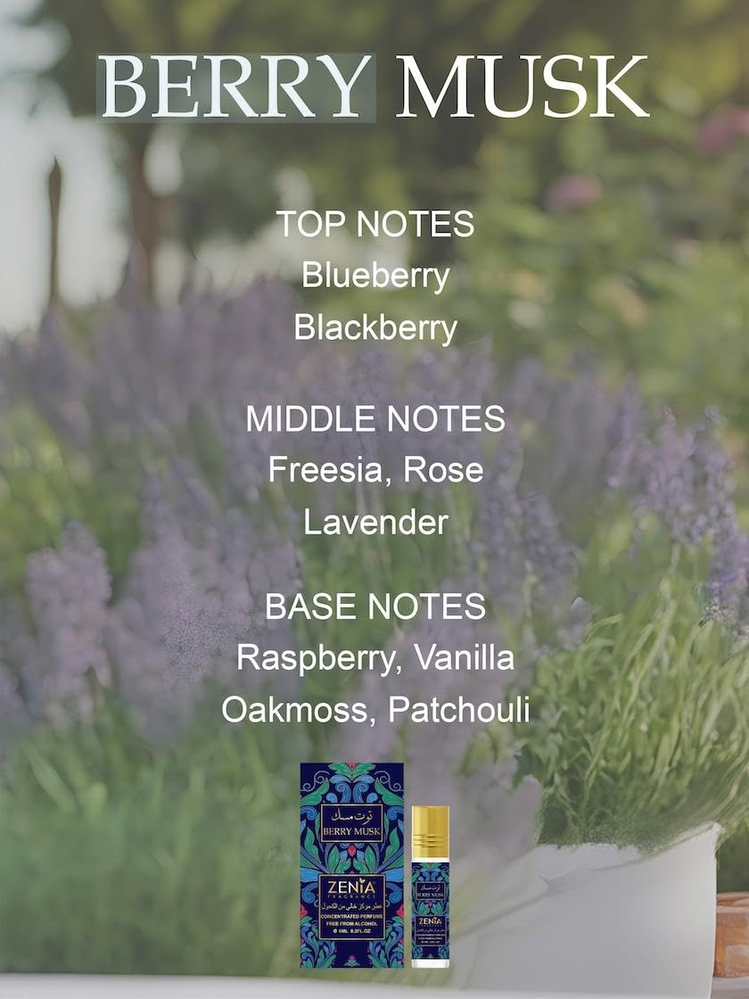 Zenia Berry Musk Perfume Oil Roll-On – 6ml / 0.2oz | Long Lasting Alcohol-Free Fruity Floral Fragrance Oil with Blueberry, Rose, Vanilla & Patchouli