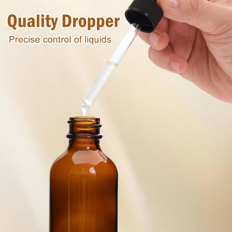 June Fox 2oz Glass Dropper Bottle, 40 Pack Amber Glass Bottles with Glass Droppers and Black cap for Essential Oils, Lab Chemicals, Perfumes