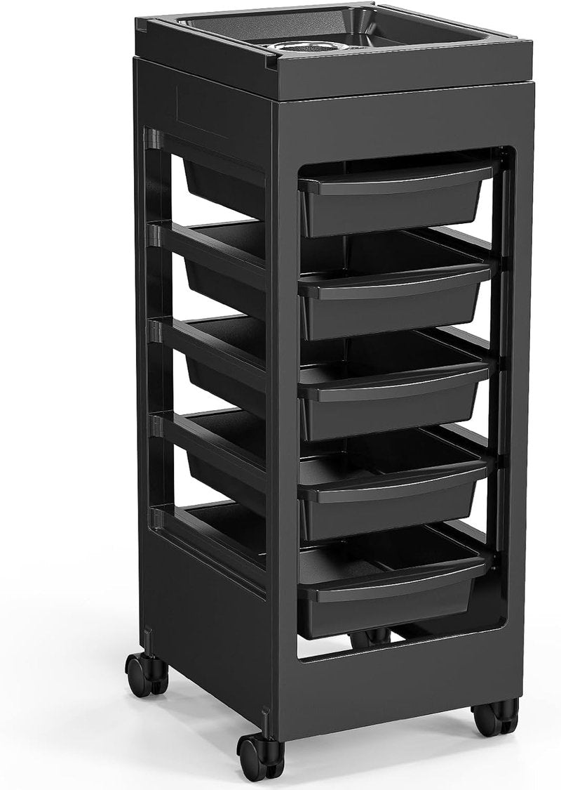 OmySalon Salon Cart for Hair Stylists - Black Rolling Organizer with 5 Drawers & Hair Dryer Holder | Beauty Spa Storage Solution