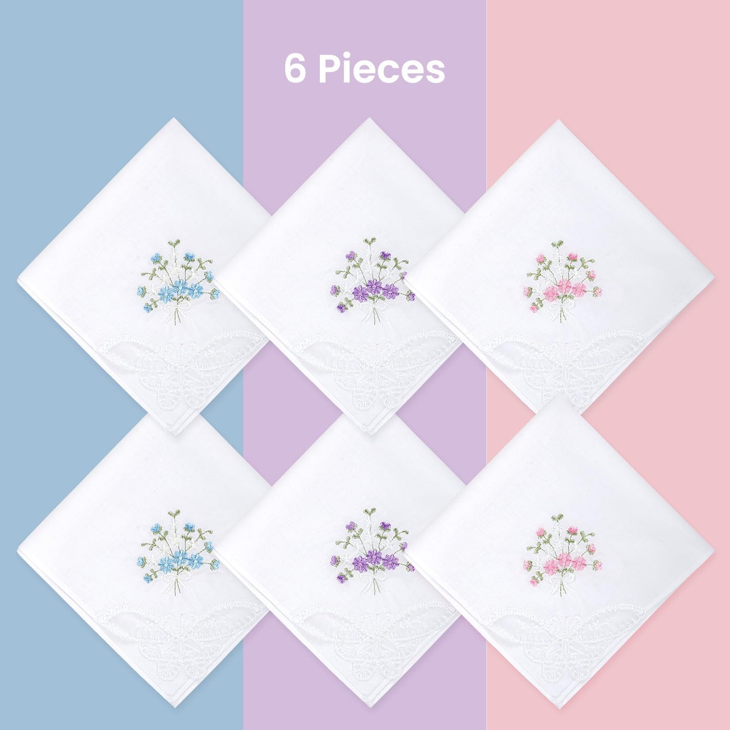 Selected Hanky Women's Cotton Handkerchiefs Flower Embroidered with Lace, Ladies Hankies 6 Pcs - Assorted
