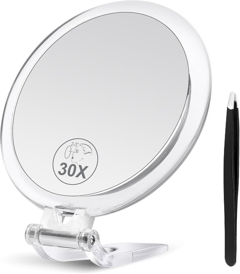 30X Magnifying Makeup Mirror with Stand & Tweezers | Handheld 1X/30X for Travel & Eyebrow Plucking