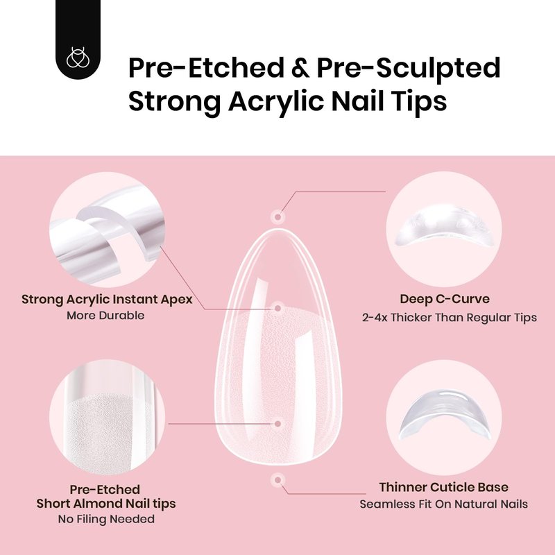 Beetles Tipex Instant Apex Nail Tips, Almond Short, 16 Sizes (00–14), 192pcs, Built-In Apex, No Builder Gel Required, Thicker Strong Acrylic Tips for DIY Nail Extensions