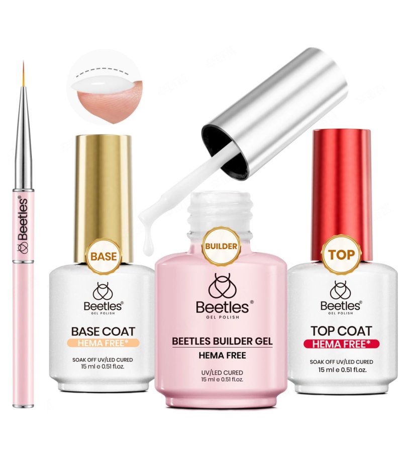 Beetles Builder Gel Nail Kit with Base and Top Coat 15ml – HEMA Free Milky White Builder Gel with Nail Art Liner Brush, Soak Off UV LED Gel for Nail Strengthening, Extension & Long Lasting Manicure