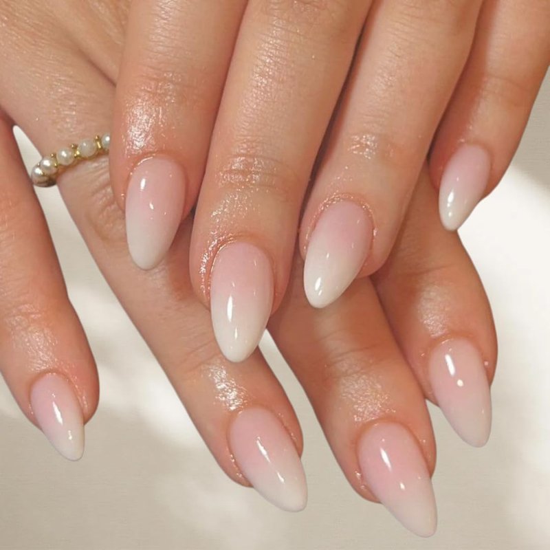 Almond Press-On Nails - Ombre French Short Stiletto Acrylics | 24 Pcs Glossy White & Peach Set