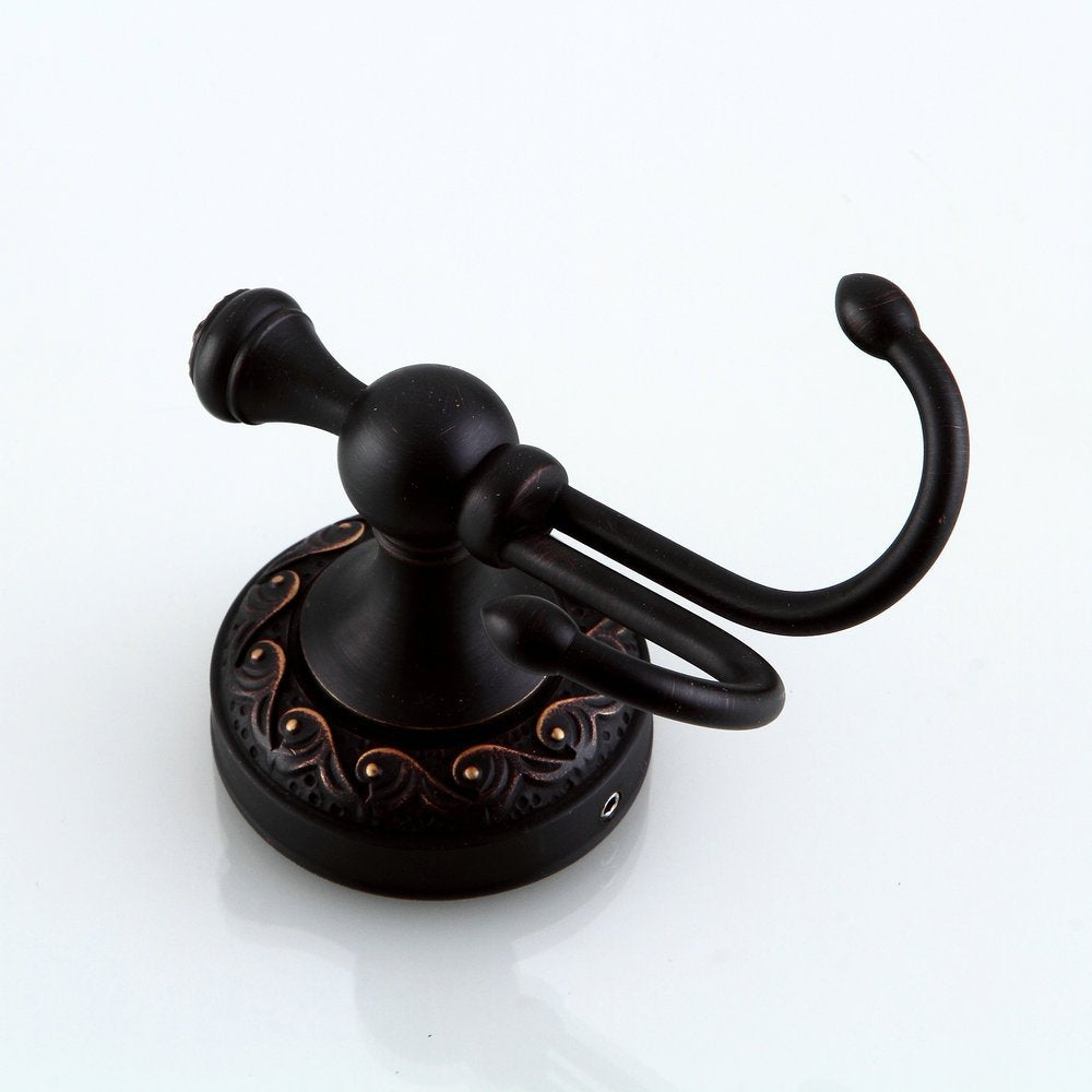 Kelelife Antique Brass Towel Hook, Screw-Mounted Shower Wall Hook, Wall-Mounted Bathroom Hook for Hanging Clothes & Robes, Vintage Oil Rubbed Copper Brass Carving Series Long-Handle Double Hook