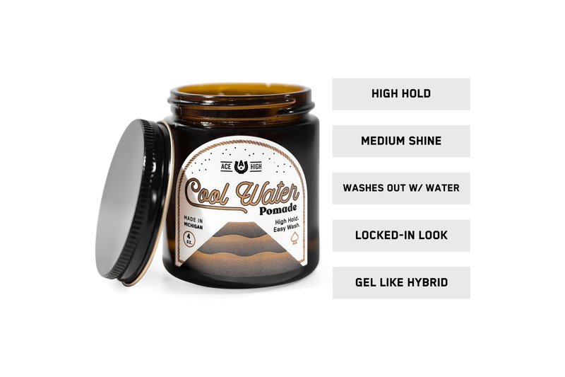ace high Cool Water Gel Pomade, High Hold, Medium Finish, Natural Shine, Water Based, Hand Crafted, 4oz