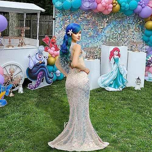 7JHH WIGS Long Wavy Costume Wigs Cosplay Mermaid wig for Women Halloween Party Used High Temperature Heat Resistant Fiber Natural Hairline Cos I Love Lucy Wig (28in, Blue Purple Mermaid Ombre Wig)