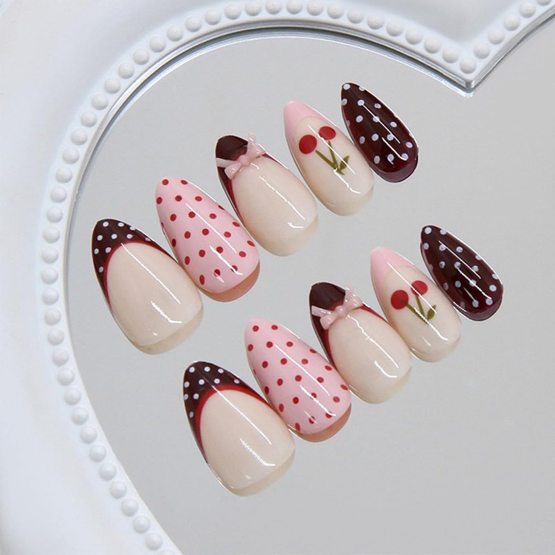 Skiennix 24Pcs Polka Dot Cherry Press-On Nails - Medium Almond Shape, Glossy Red Pink Tips, Reusable Acrylic for Women