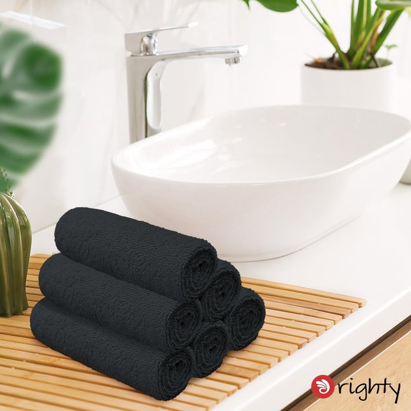 Orighty 6 Pack Black Hand Towels - Quick Drying & Absorbent Microfiber Gym Towels 16x28 inches - Lightweight & Thin White Yoga Towel - Multi-Purpose Camping Towel for SPA, Hotel & Bathroom
