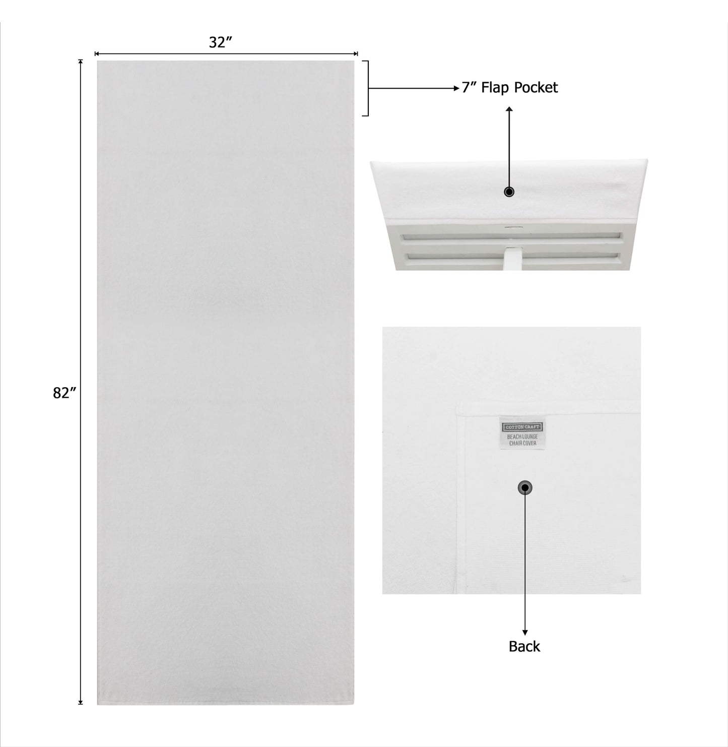 COTTON CRAFT Pool Lounge Chair Cover - 2 Pack 100% Cotton Soft Ringspun Terry Towel - Chaise Patio Picnic Spa Sun Lounger Beach Lounge Chair Cover - Oversized 32 in W x 82 in L x 7 in Pocket – White