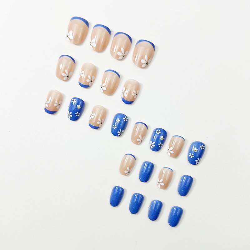 Skiennix Blue French Tip Press-On Nails - Short Almond Floral Design | Reusable Glossy Acrylic for Women