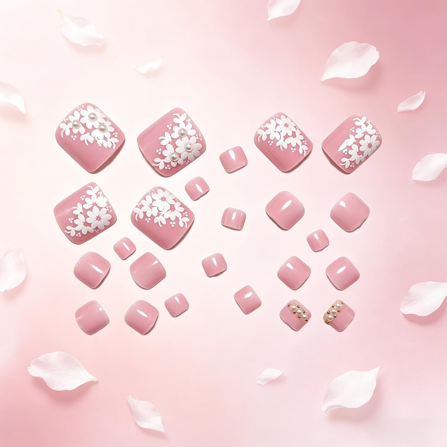 White Floral Press on Toenails Short Square Fake Toe Nails with 3D Flowers Designs Glossy Pink Toenail Press ons Acrylic Toe Nail Tips Reusable Stick on Toenails for Women Manicure 24Pcs