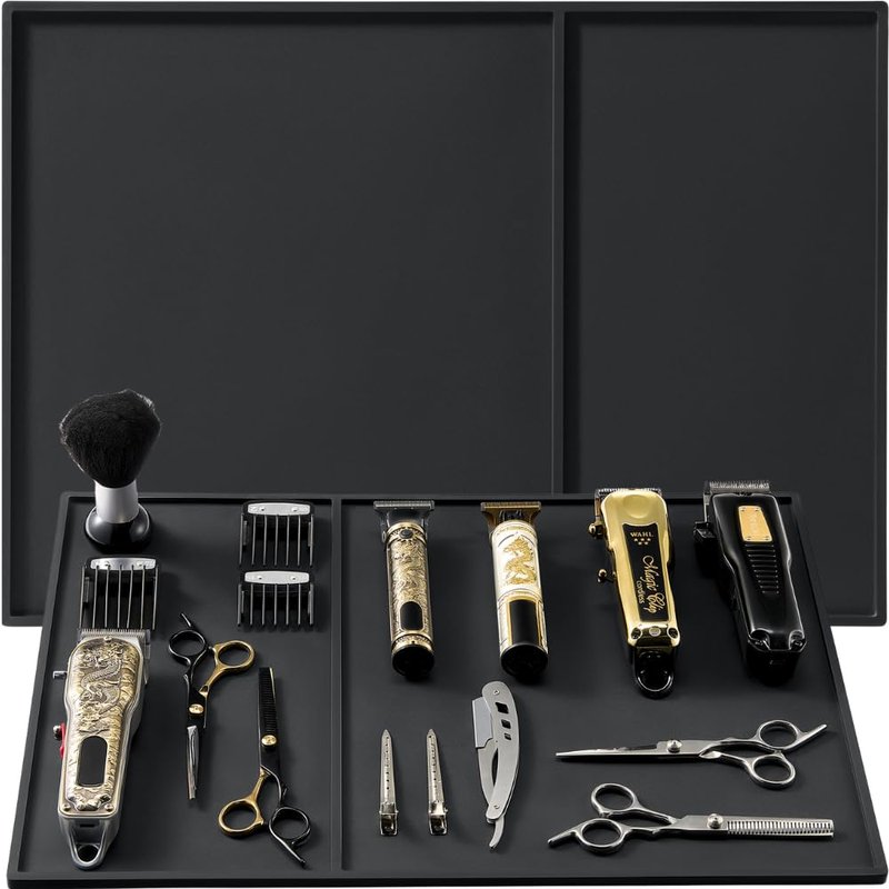 HAPPYPOSH Extra Large Barber Mat 20" x 14", Professional Non-Slip Barber Station Mat for Clippers & Tools, Rubber Barber Organizer Counter Pad, Easy-Clean Barbershop Workstation Mat. Black