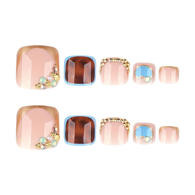 Gold French Tip Press On Toenails - Leopard Print Full Cover Acrylic | 24 Pcs Short Square Design for Women