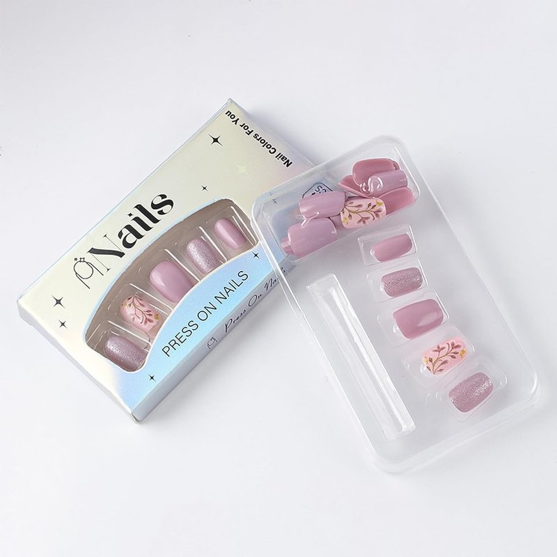 Skiennix Acrylic Press-On Nails - Cute Purple Glitter Flower Bud Design | 24 Pcs Full Cover Set