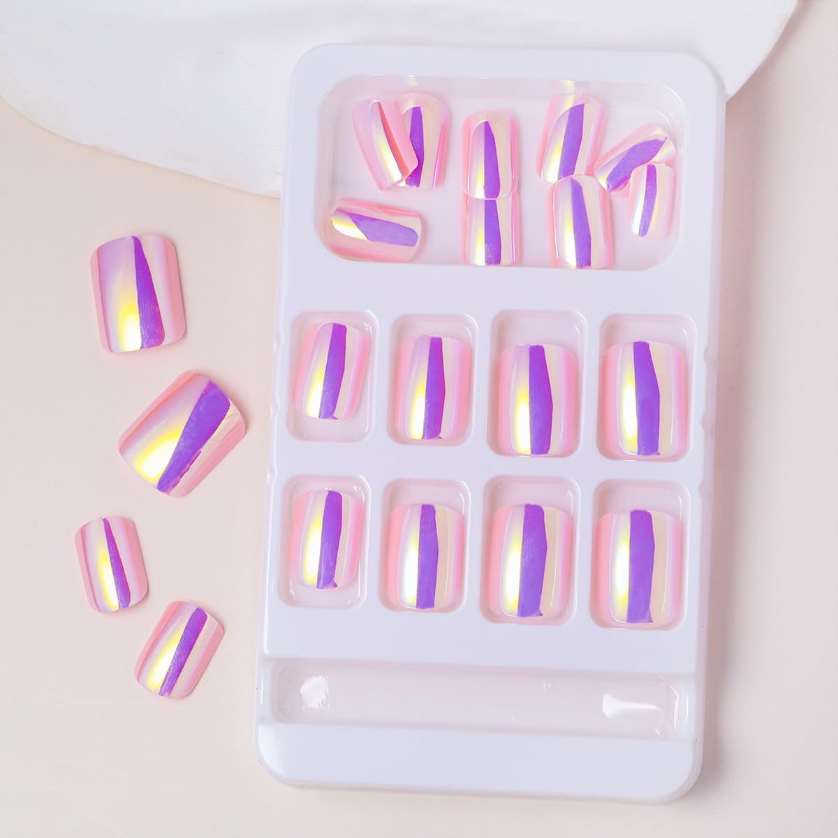 Square Press On N Nails Chrome Fake Nails Short False Nails With Aurora Design Full Cover Glossy Acrylic Stick On Nail Artificial Reusable Glue On Nail For Women 24pcs