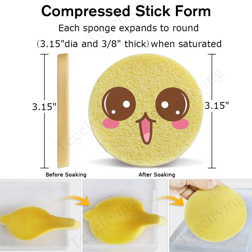 Tegelrying Facial Sponge Compressed,60 Pcs PVA Professional Makeup Removal Wash Round Face Sponges Spa Pads Exfoliating Cleansing for Women,Yellow