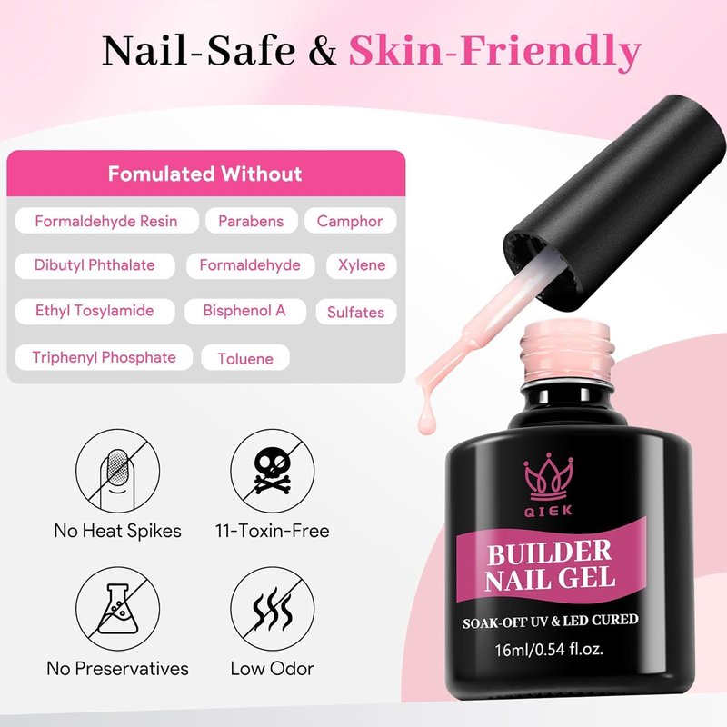 QIEK Gel Nail Polish Builder, 8-in-One Builder Pink Nail Polish Strengthener Glue Apex Enhancement Extension Hard Building Nude Gel LED Lamp Cured Rubber Base Coat for DIY Beginner & Salon Manicure