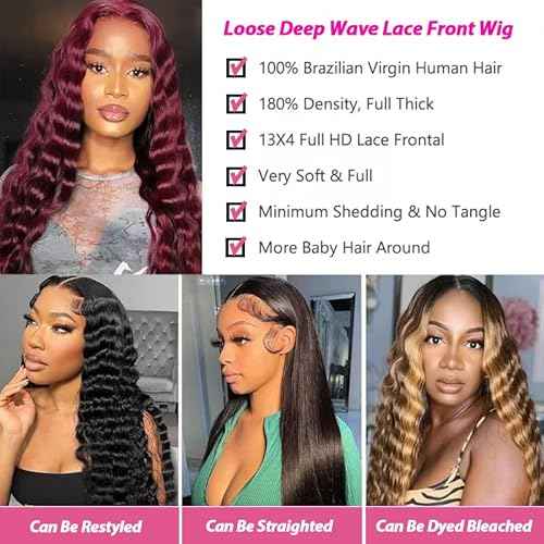 Burgundy Wig Human Hair Wigs for Black Women13x4 Deep Wave Lace Front Wigs Pre Plucked 200% Density 99j Loose Deep Wave Wigs Red Wine Virgin Glueless Wig24 Inch