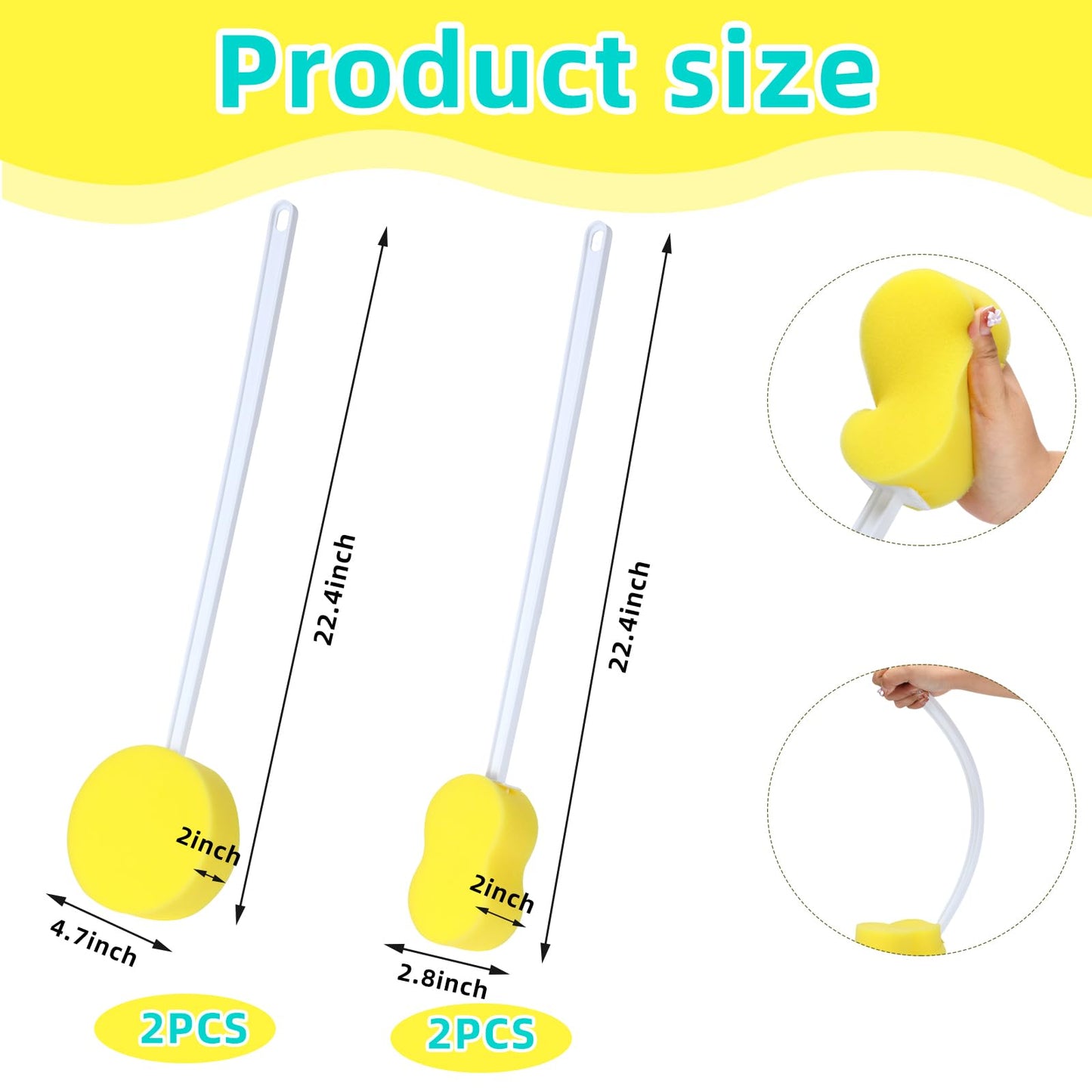 Uiifan 4 Pcs Long Handle Bath Sponge Yellow Back Sponge on a Stick Round and 8 Shape Back Washer for Shower White Handle Butt Scrubber Bathing Brush for Foot Body Cleaning Bathing Limited Motion