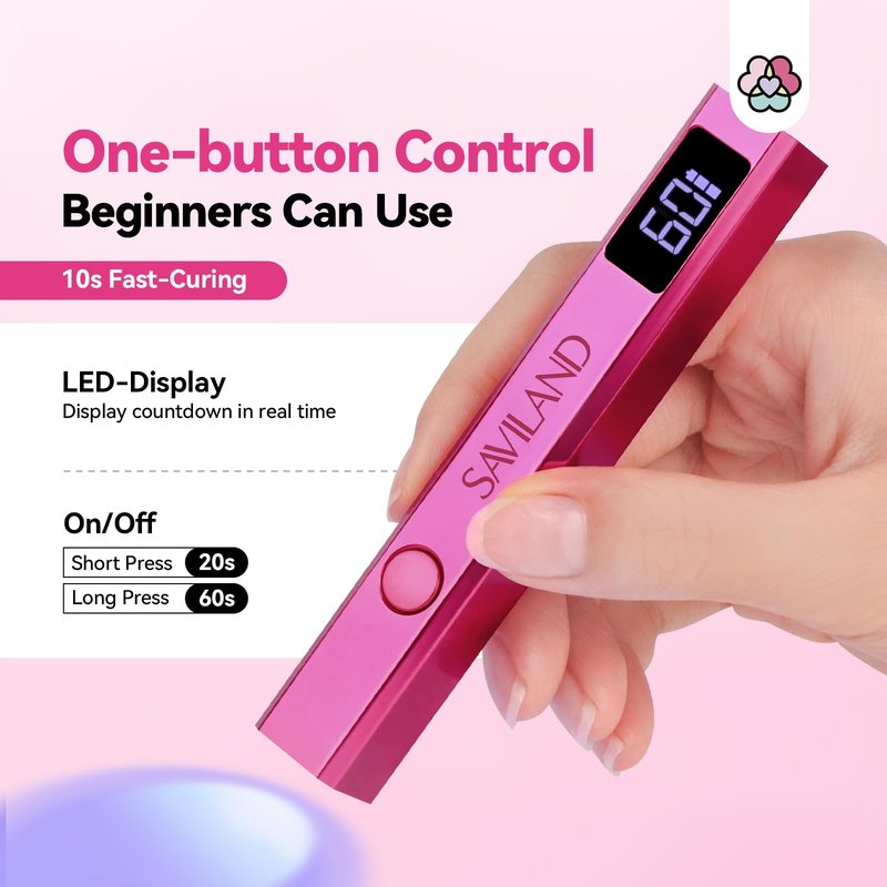SAVILAND Handheld U V Nail Lamp: Mini Cordless Flash Cure Nail Light for Gel Polish with 2 Timer Settings 20/60s & LCD Display, Rechargeable USB U V Light Flash Cures All Soft Gels for Home Salon Use