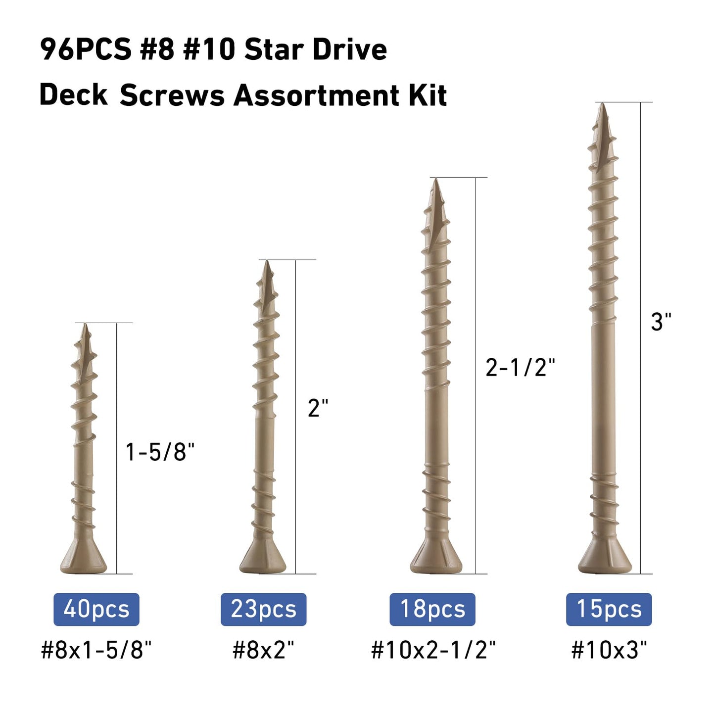 BNUOK Deck Screws Assortment Kit 96 PCS, Exterior Wood Screws Flat Head Torx Drive Rust Resistant Epoxy Coated Reverse Upper Thread Trim Screw, #8 1-5/8" 2" #10 2-1/2" 3", Tan