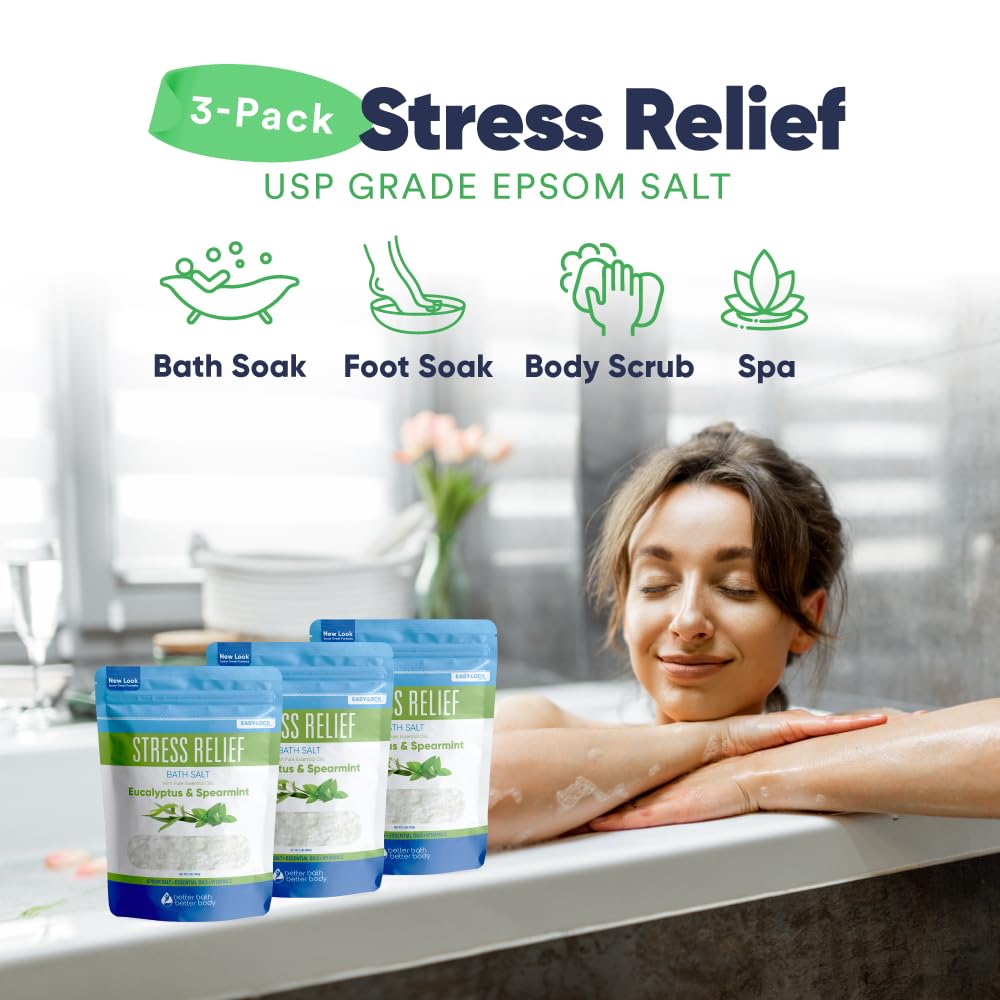 Stress Relief Bath Salt (3 Pack) Epsom Salt Relaxing Bath with Eucalyptus and Spearmint Essential Oils Plus Vitamin C Crystals in BPA Free Pouch Made in USA 2 lbs Pouches 6 Lbs Total