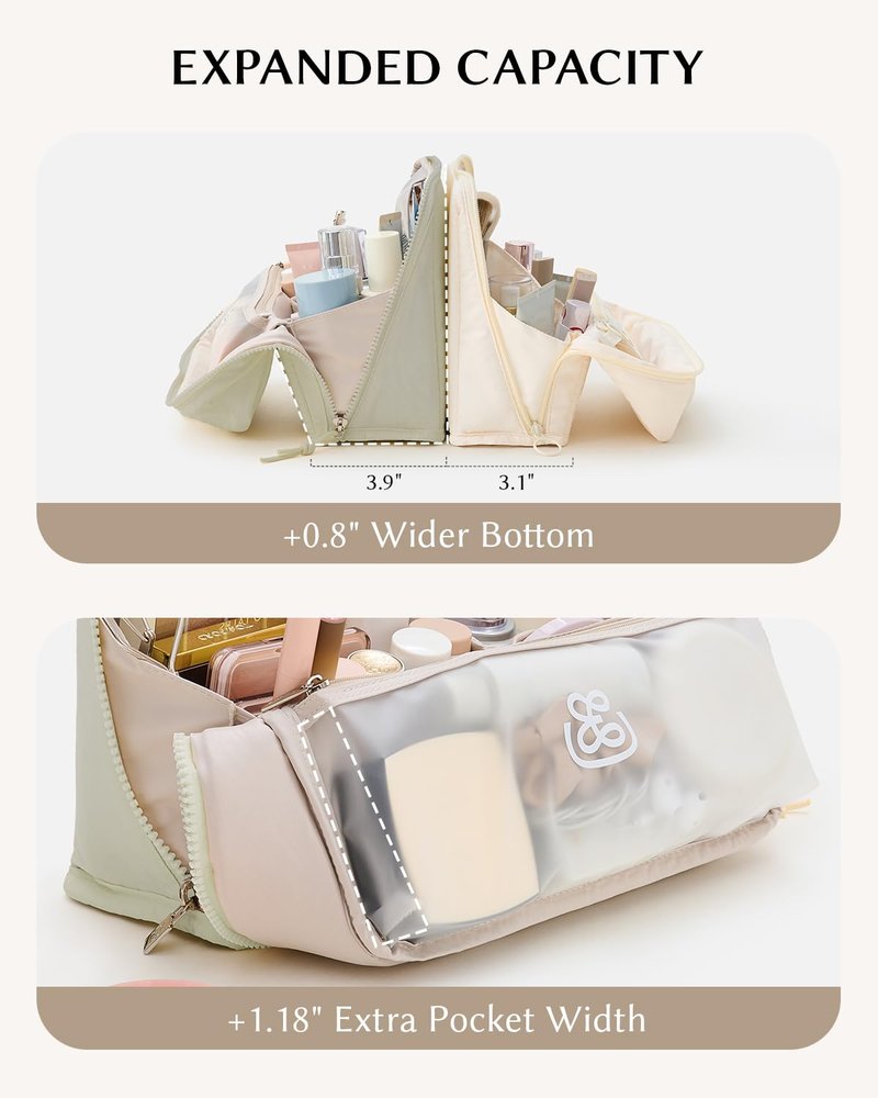 EACHY Standing Makeup Bag - Large Waterproof Cosmetic Bag & Toiletry Bag Organizer with Phone Holder, Detachable Dividers, Wipe-Clean Brush Pouch for Women