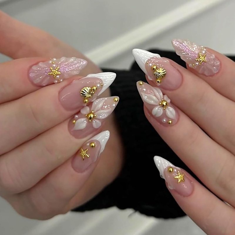 Mivota Medium Almond Press On Nails French Tip Nude Acrylic Fake Nails with 3D Shell Starfish Pearl Floral Design, Elegant Summer Beach Style DIY Manicure for Women