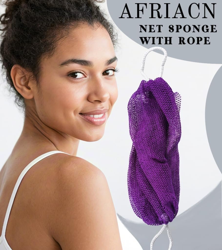 SPMKTBOZAI African Net Sponge Authentic, 2 Pieces African Exfoliating Sponge Real African Net Black Owned, African Bath Sponge Back Scrubber for Shower Loofah Bathing Accessories(Purple, Rose Red)