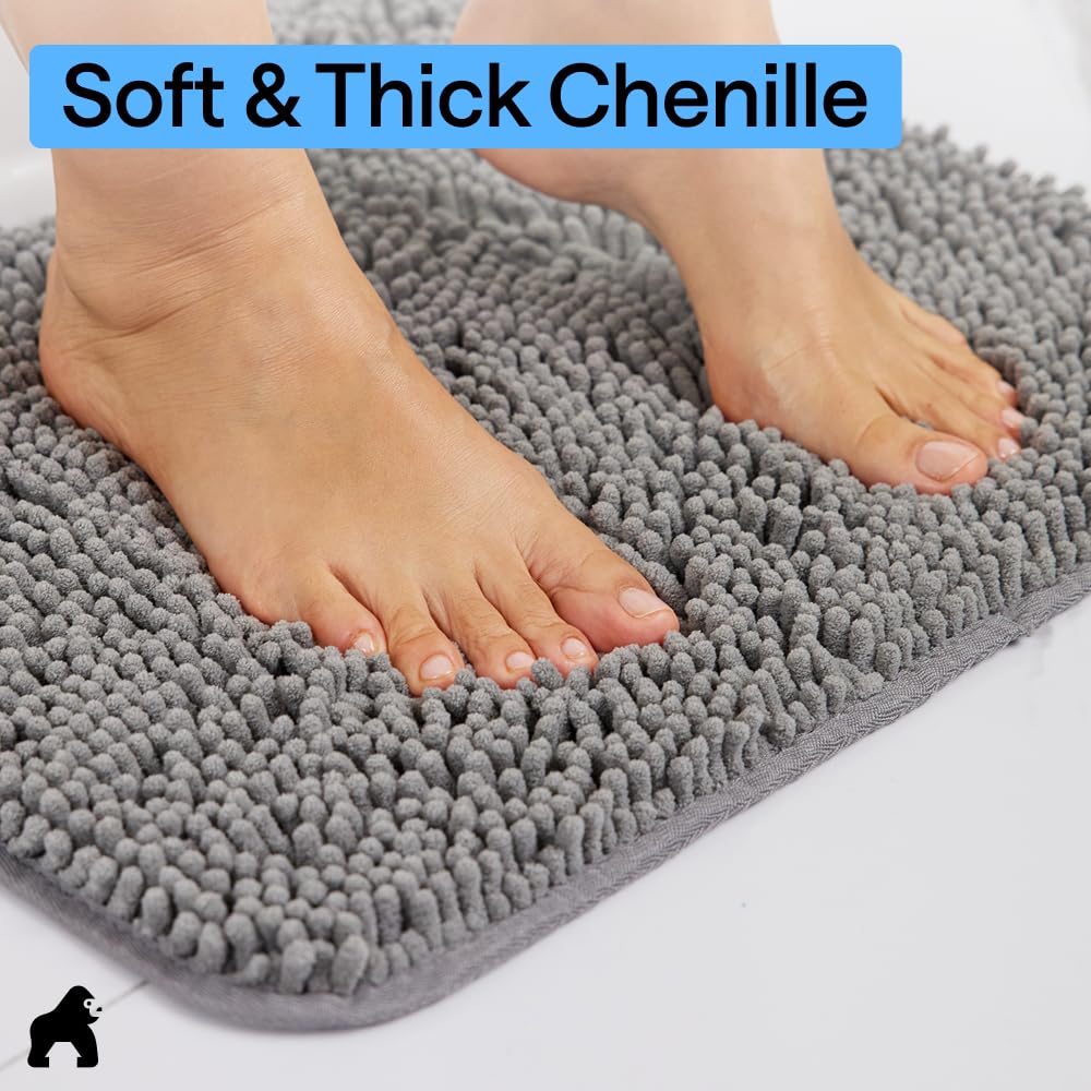 GORILLA GRIP Bath Rug Mat, Thick Soft Absorbent Chenille, Quick Dry Microfiber Mats, Rubber Backing, Machine Washable Shower Floor Rugs, Bathroom Bathmat Home Decor Accessories, 24x17 Grey