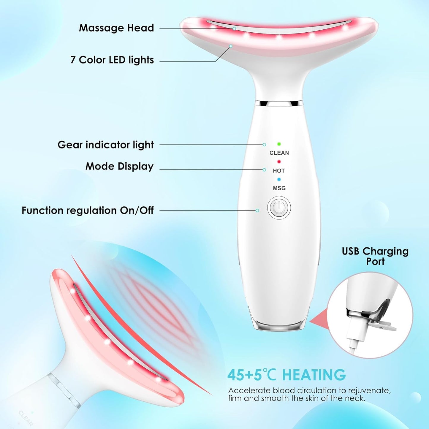 TLINNA Face Massager -7 Color Red-Light-Therapy for Face and Neck for Wrinkles, Double Chin, Vibrating Facial Massager with Thermals (White)