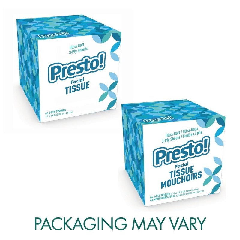 Amazon Brand - Presto! Ultra-Soft 3-Ply Premium Facial Tissues, 264 Count (4 Cube Boxes of 66), Packaging May Vary